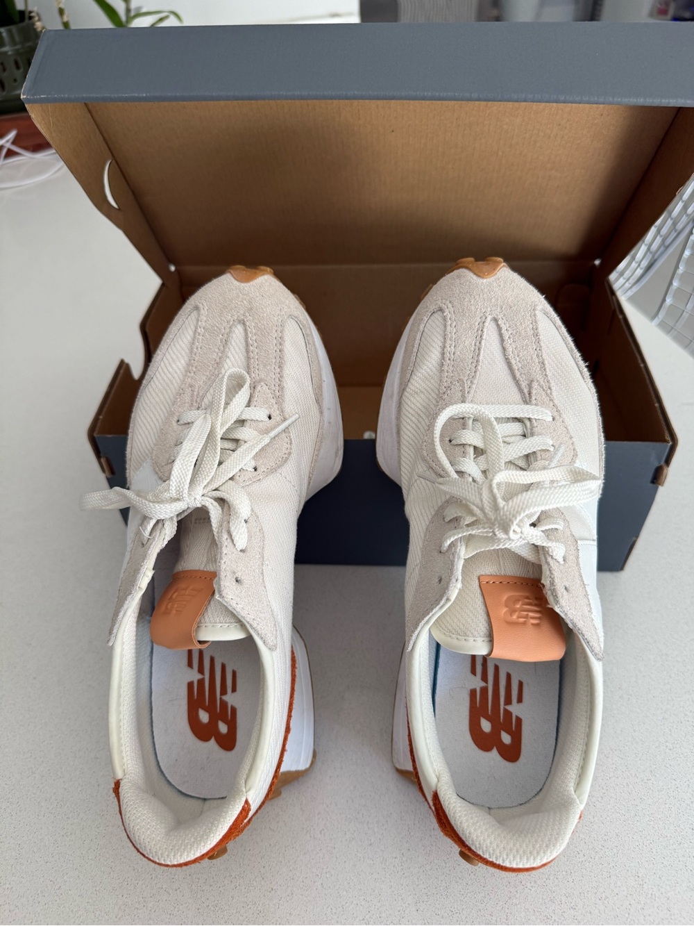 New Balance Women’s Cream and Tan Mesh & Suede Sneakers